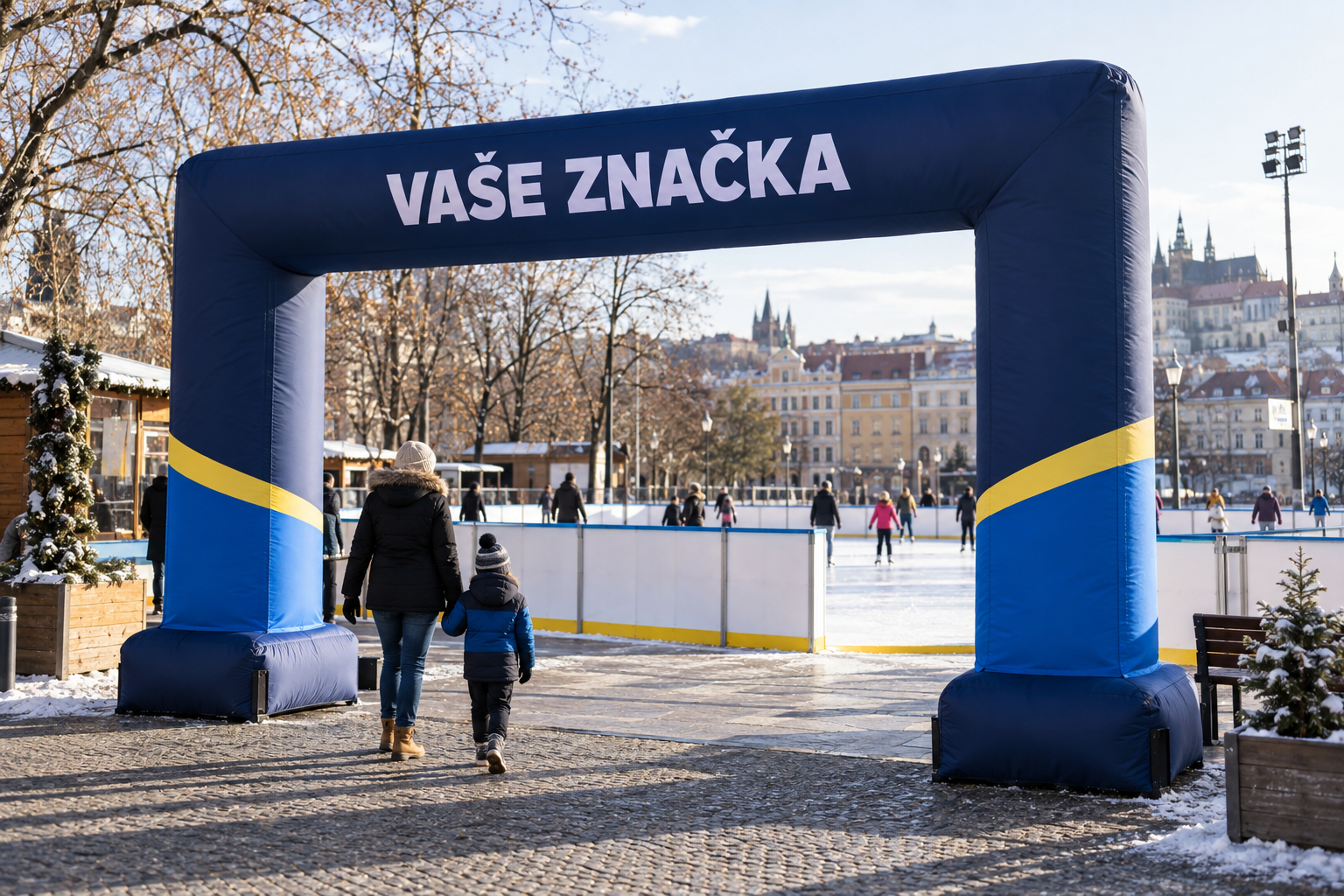 Návrhová vizualizace modré sportovní vstupní brány u kluziště