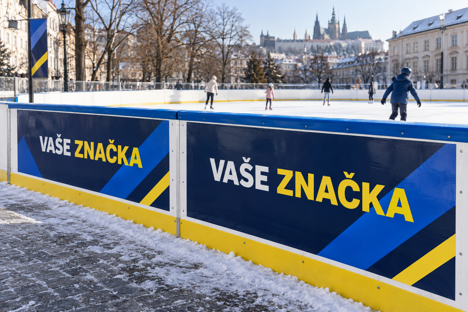 Návrhová vizualizace modrých reklamních polepů mantinelů s textem Vaše značka